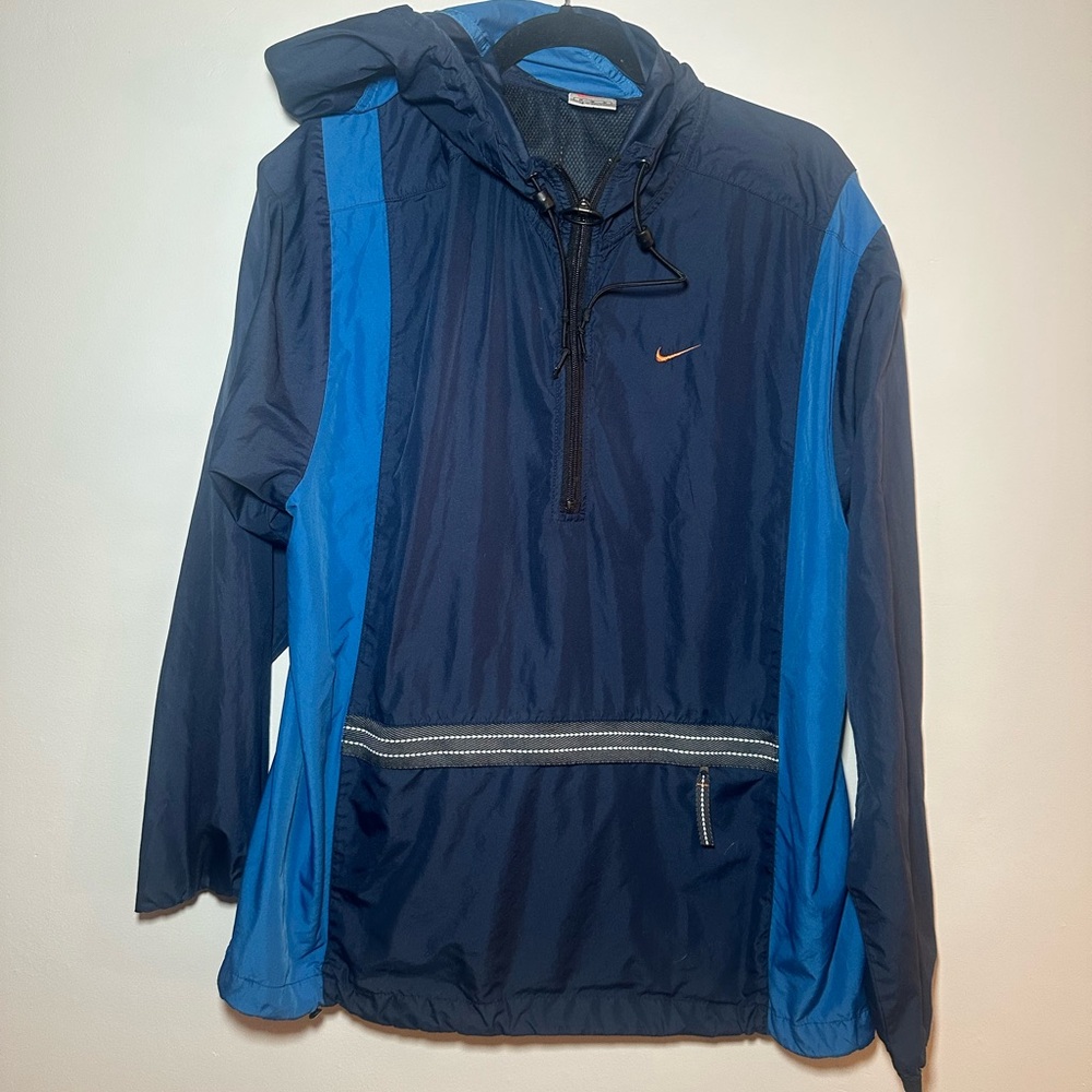 Vintage Nike Men’s Logo Multi Blue Hooded Windbreaker Jacket Medium EUC